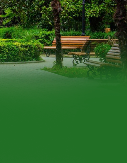 Green park with benches and trees.