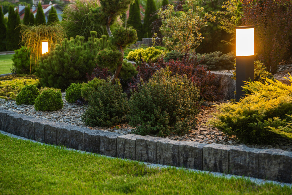 Garden landscape with glowing path lights